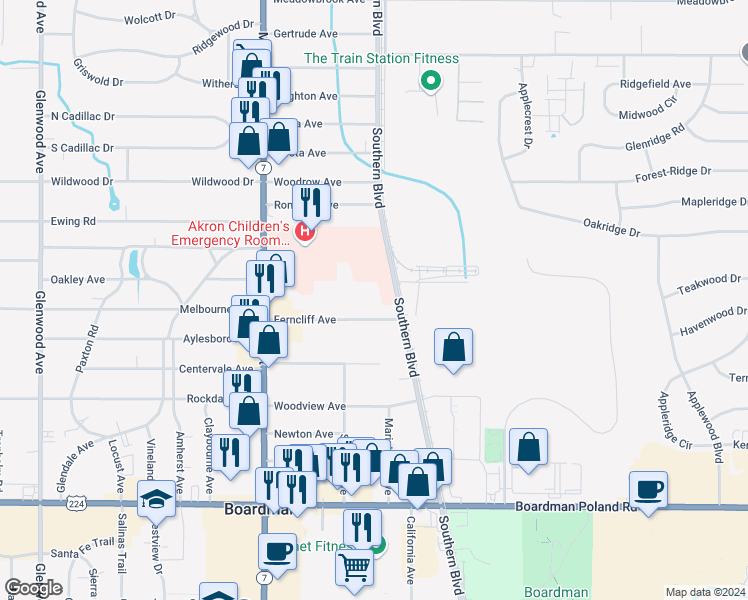 map of restaurants, bars, coffee shops, grocery stores, and more near 86 Ferncliff Avenue in Youngstown