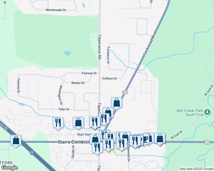 map of restaurants, bars, coffee shops, grocery stores, and more near 6055 Tippecanoe Road in Canfield