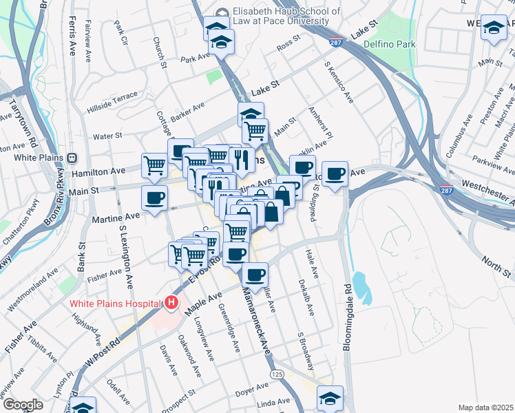 map of restaurants, bars, coffee shops, grocery stores, and more near 45 Mitchell Place in White Plains