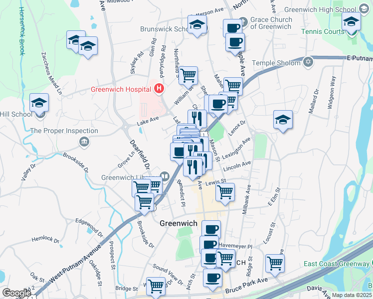 map of restaurants, bars, coffee shops, grocery stores, and more near Two Lafayette Court in Greenwich