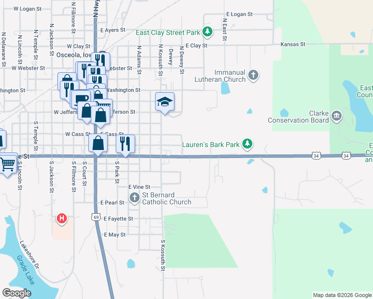 map of restaurants, bars, coffee shops, grocery stores, and more near 513 East McLane Street in Osceola