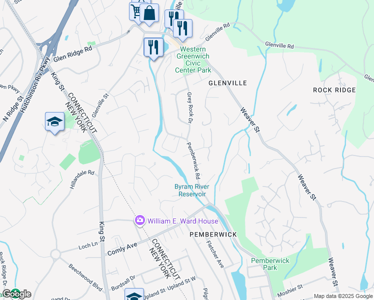 map of restaurants, bars, coffee shops, grocery stores, and more near 246 Pemberwick Road in Greenwich