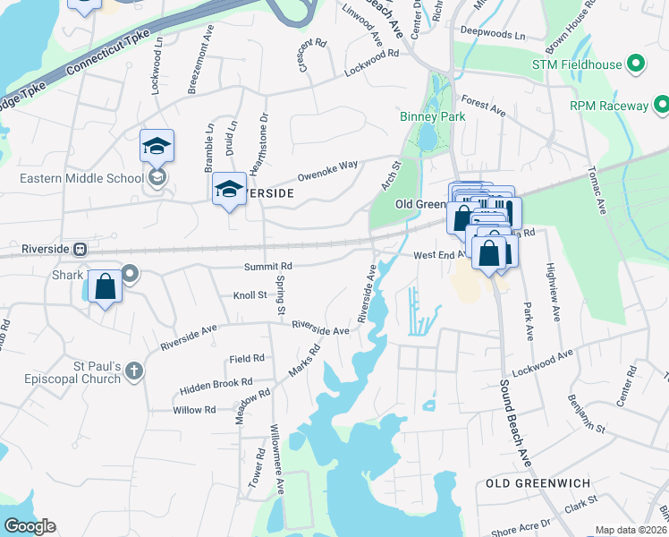 map of restaurants, bars, coffee shops, grocery stores, and more near 22 Summit Road in Greenwich