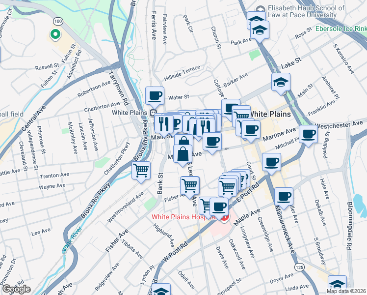 map of restaurants, bars, coffee shops, grocery stores, and more near 34 South Lexington Avenue in White Plains