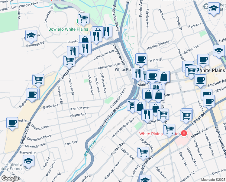 map of restaurants, bars, coffee shops, grocery stores, and more near 166 Harding Avenue in White Plains