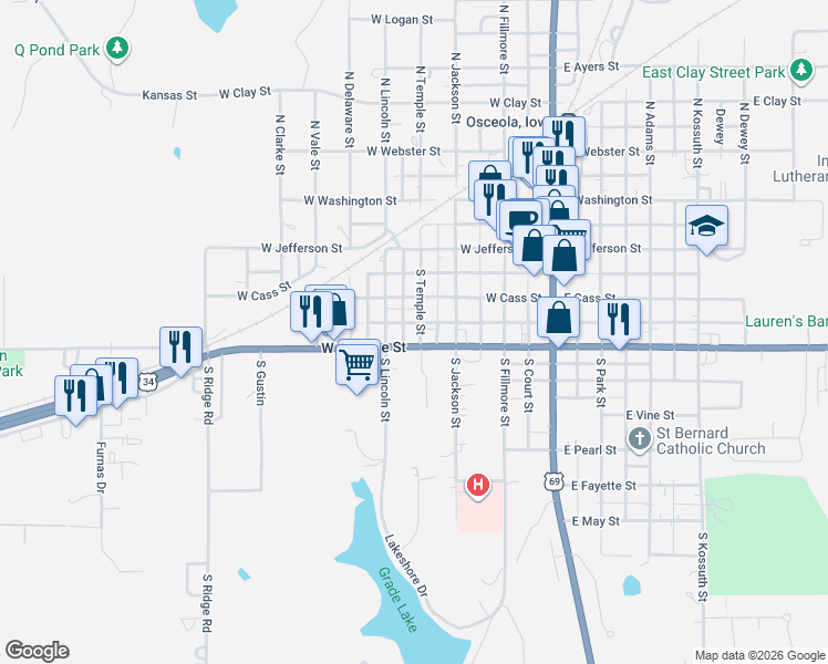 map of restaurants, bars, coffee shops, grocery stores, and more near 364-398 South Temple Street in Osceola