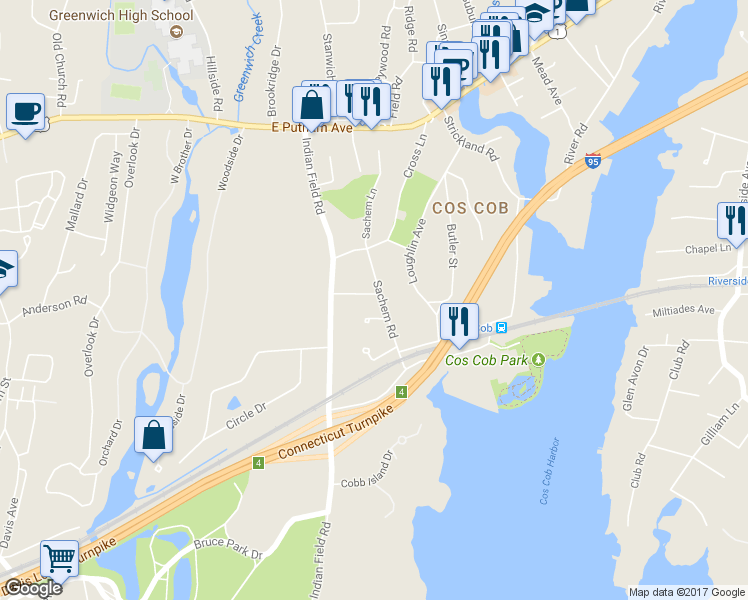 map of restaurants, bars, coffee shops, grocery stores, and more near 8 Osceola Drive in Greenwich