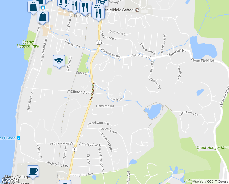 map of restaurants, bars, coffee shops, grocery stores, and more near 261 Birch Lane in Irvington