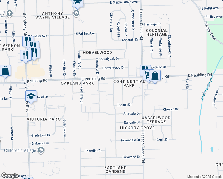 map of restaurants, bars, coffee shops, grocery stores, and more near 5916 Waycross Drive in Fort Wayne
