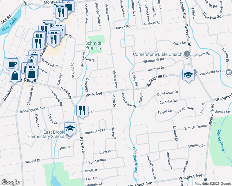 map of restaurants, bars, coffee shops, grocery stores, and more near 268 Rock Avenue in Park Ridge