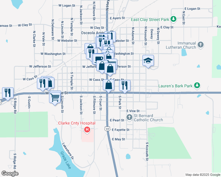 map of restaurants, bars, coffee shops, grocery stores, and more near 325 South Main Street in Osceola
