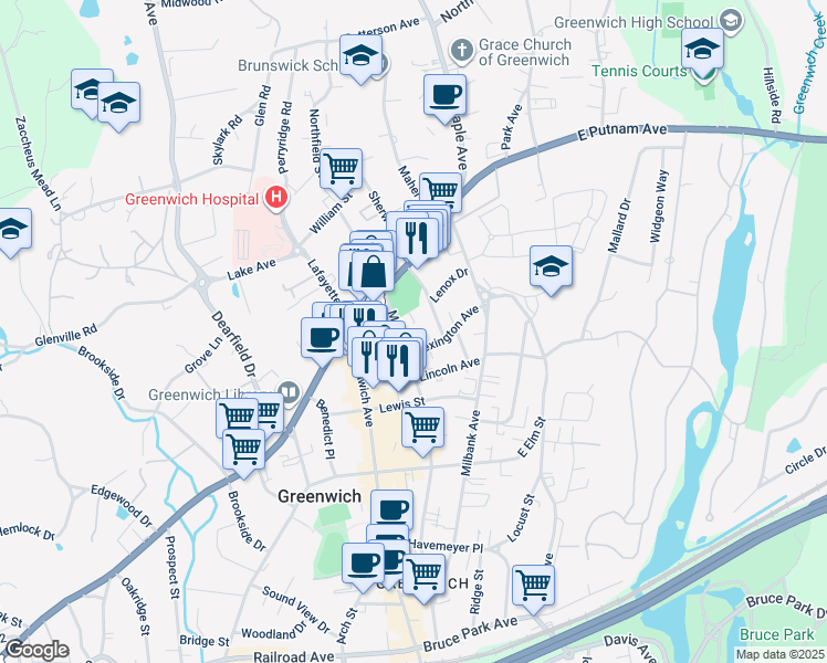 map of restaurants, bars, coffee shops, grocery stores, and more near 43 Mason Street in Greenwich