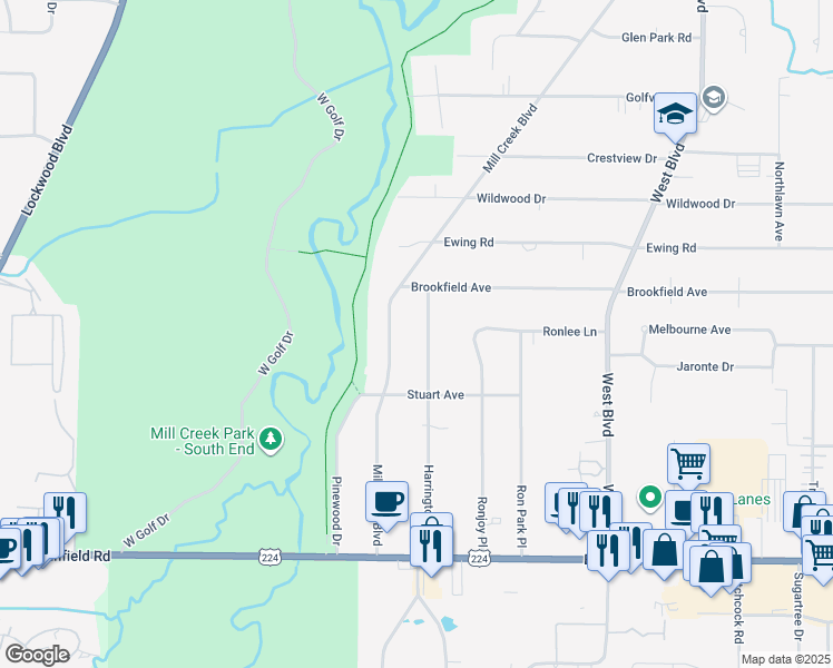 map of restaurants, bars, coffee shops, grocery stores, and more near 6624 Harrington Avenue in Youngstown