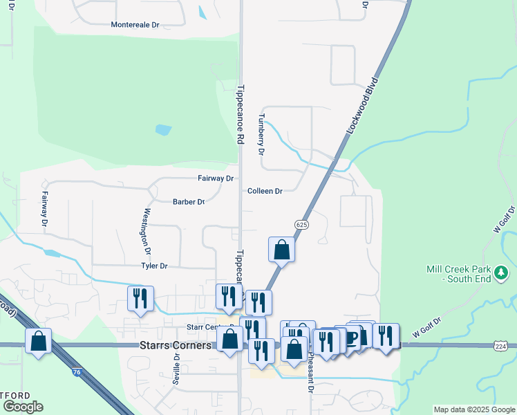map of restaurants, bars, coffee shops, grocery stores, and more near 6055 Tippecanoe Road in Canfield