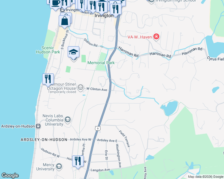 map of restaurants, bars, coffee shops, grocery stores, and more near in Irvington