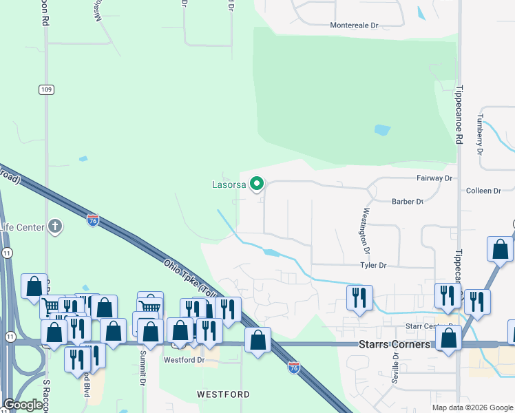 map of restaurants, bars, coffee shops, grocery stores, and more near 4142 Fairway Drive in Canfield