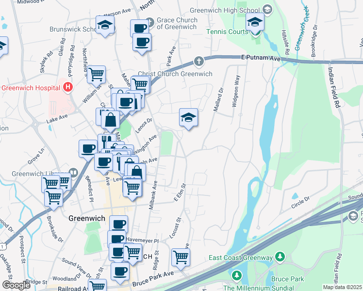 map of restaurants, bars, coffee shops, grocery stores, and more near 180 East Elm Street in Greenwich
