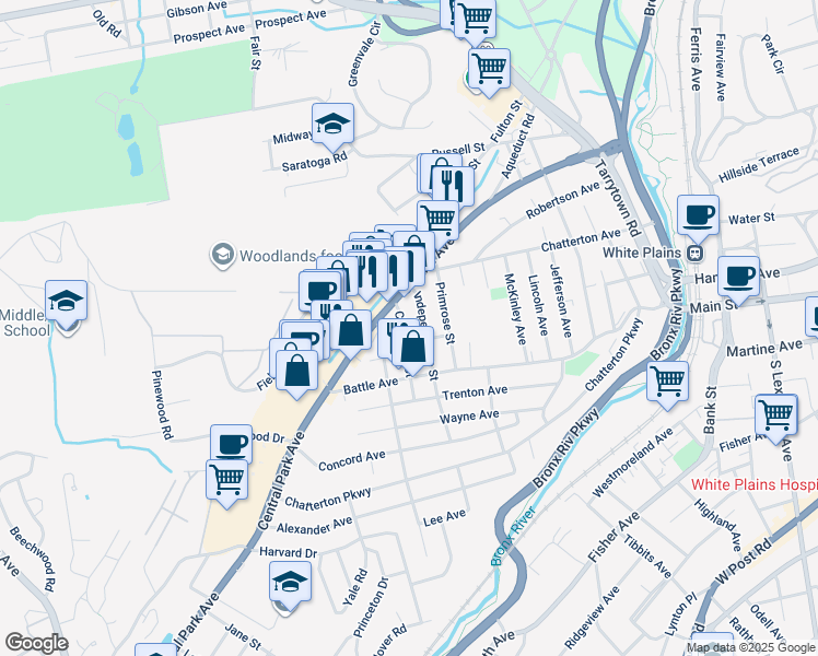map of restaurants, bars, coffee shops, grocery stores, and more near 22 Cleveland Street in White Plains