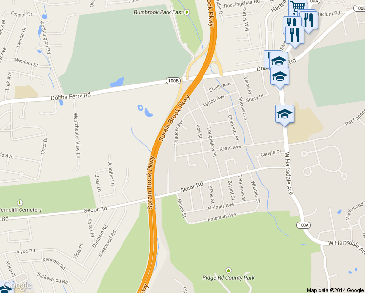 map of restaurants, bars, coffee shops, grocery stores, and more near 7 Stevenson Avenue in Hartsdale