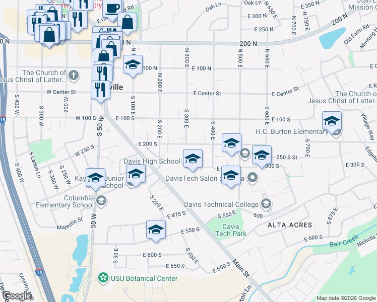 map of restaurants, bars, coffee shops, grocery stores, and more near 229 East 300 South in Kaysville