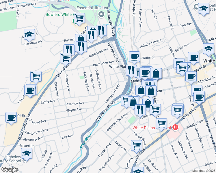 map of restaurants, bars, coffee shops, grocery stores, and more near 166 Harding Avenue in White Plains