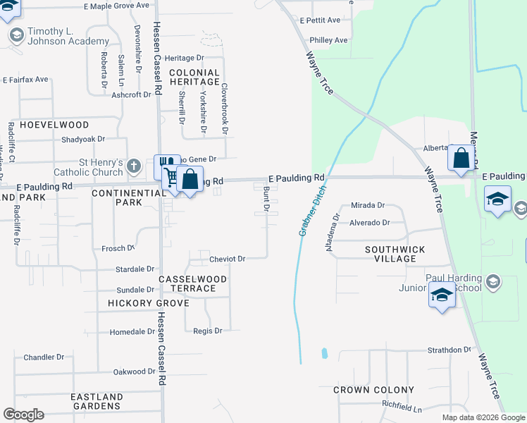 map of restaurants, bars, coffee shops, grocery stores, and more near 5922 Bunt Drive in Fort Wayne