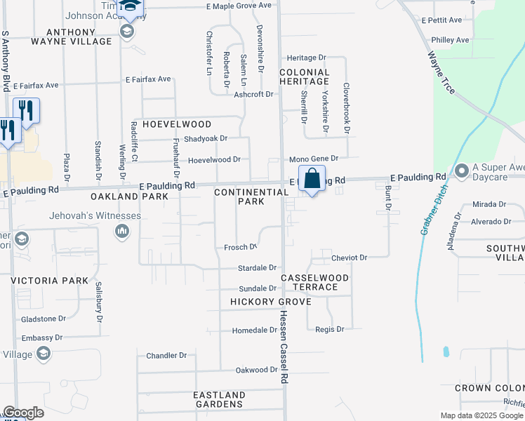 map of restaurants, bars, coffee shops, grocery stores, and more near 3135 Frosch Drive in Fort Wayne