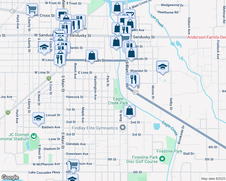 map of restaurants, bars, coffee shops, grocery stores, and more near 856 Bank Street in Findlay