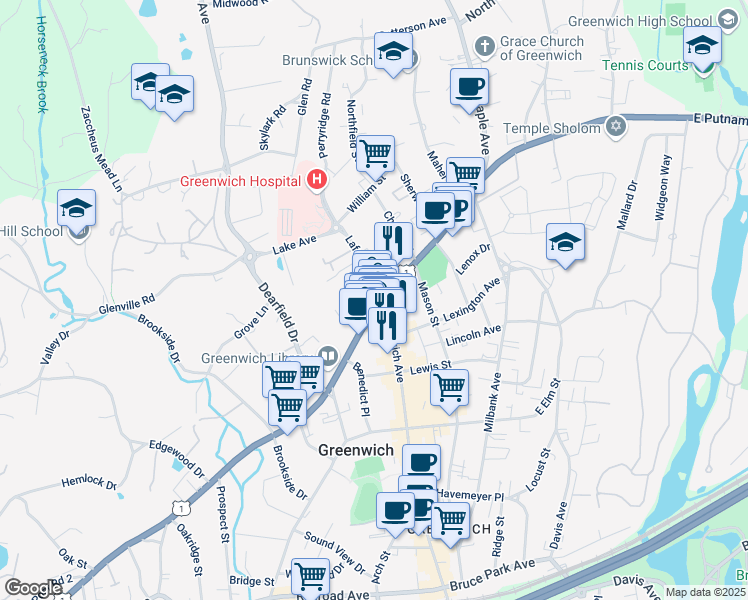 map of restaurants, bars, coffee shops, grocery stores, and more near 2 Lafayette Court in Greenwich