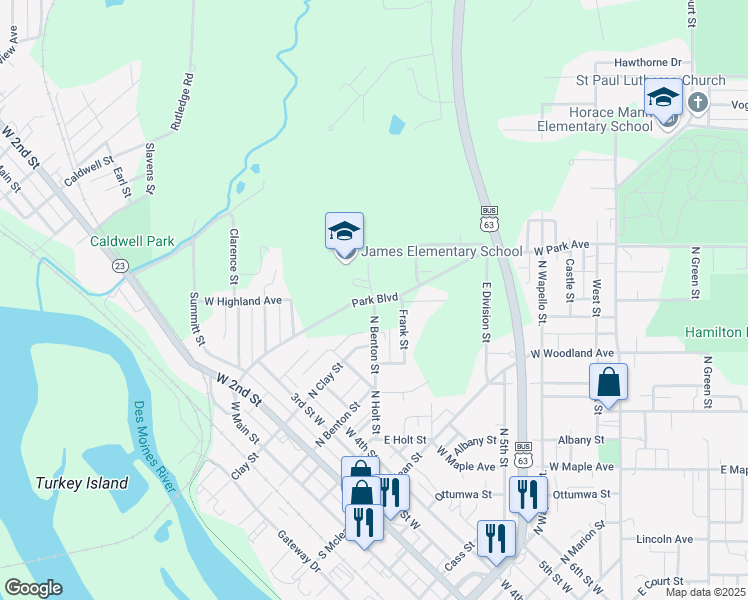 map of restaurants, bars, coffee shops, grocery stores, and more near 1001 North Benton Street in Ottumwa