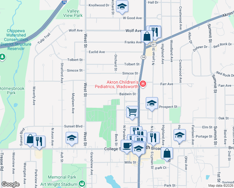 map of restaurants, bars, coffee shops, grocery stores, and more near 174 Baldwin Street in Wadsworth