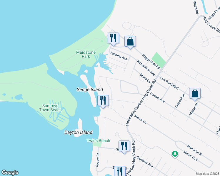 map of restaurants, bars, coffee shops, grocery stores, and more near 21 Roosevelt Avenue in East Hampton