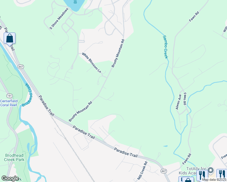 map of restaurants, bars, coffee shops, grocery stores, and more near 101 Brushy Mountain Road in East Stroudsburg