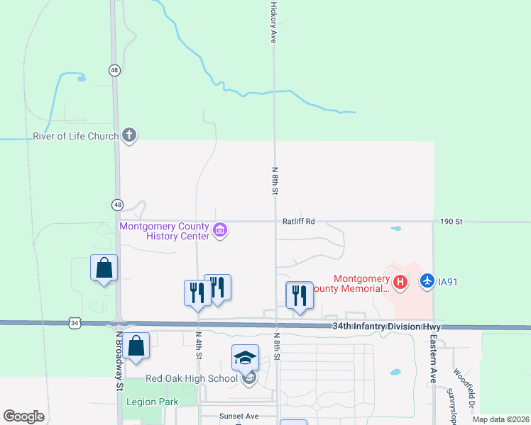 map of restaurants, bars, coffee shops, grocery stores, and more near 2701 North 8th Street in Red Oak