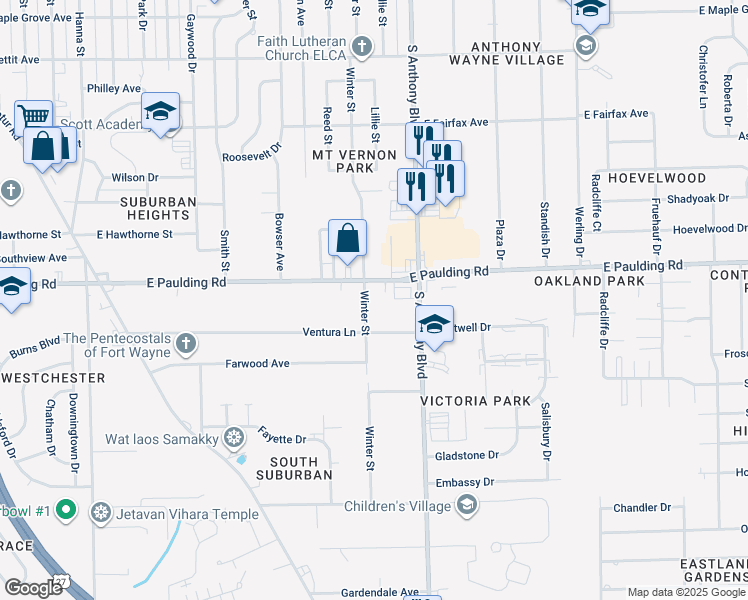 map of restaurants, bars, coffee shops, grocery stores, and more near 5821 Winter Street in Fort Wayne
