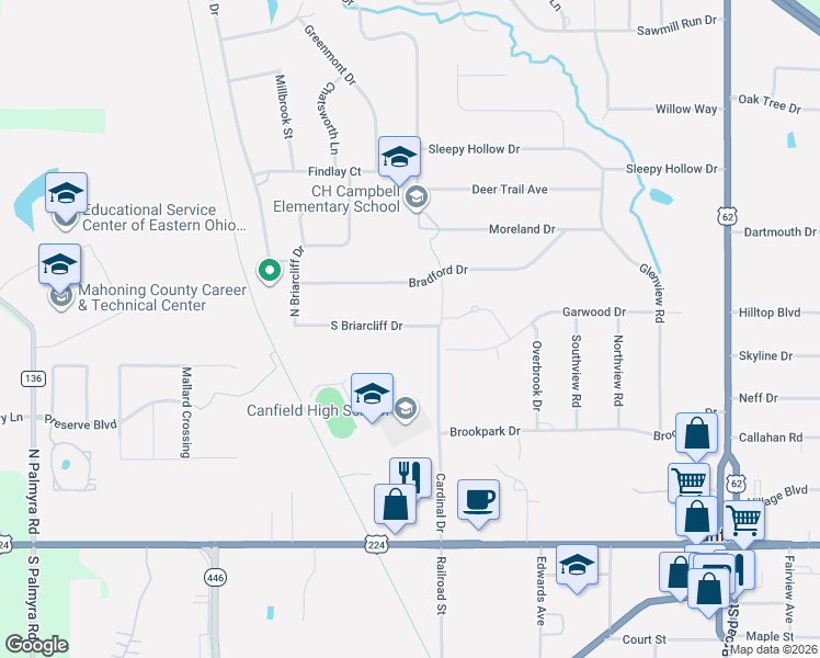 map of restaurants, bars, coffee shops, grocery stores, and more near 392 South Briarcliff Drive in Canfield