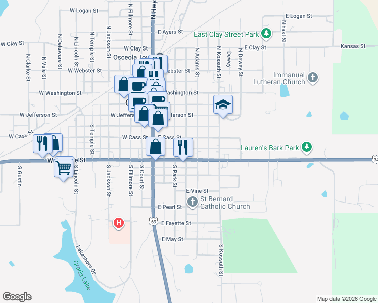 map of restaurants, bars, coffee shops, grocery stores, and more near 324 South Adams Street in Osceola