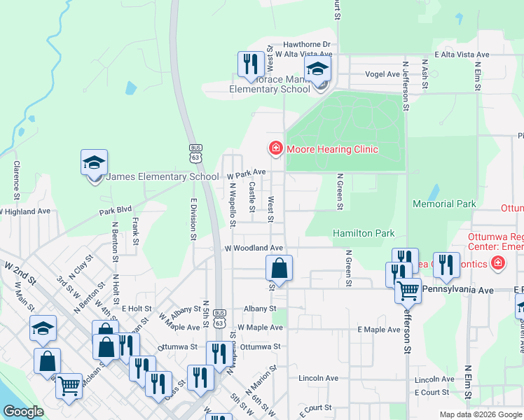 map of restaurants, bars, coffee shops, grocery stores, and more near 211 West Highland Avenue in Ottumwa