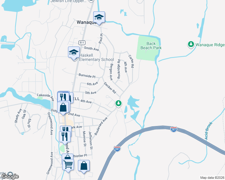 map of restaurants, bars, coffee shops, grocery stores, and more near 21 Decker Road in Wanaque
