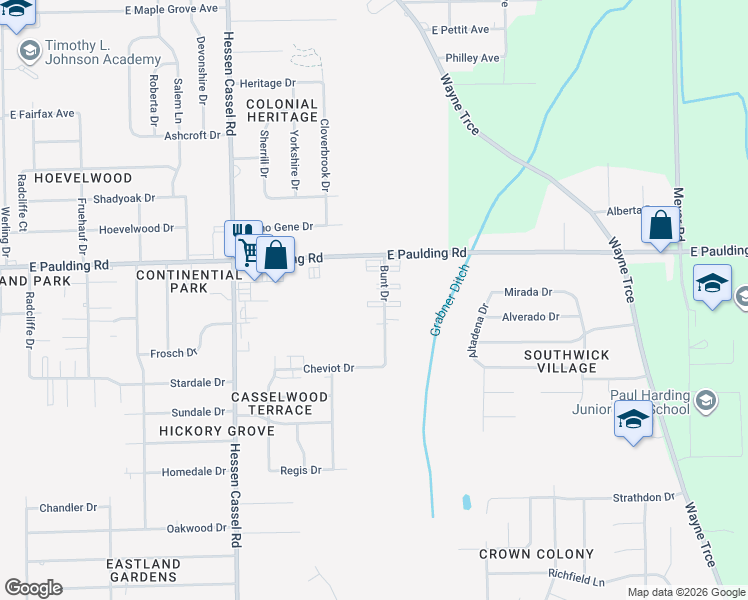 map of restaurants, bars, coffee shops, grocery stores, and more near 5922 Bunt Drive in Fort Wayne