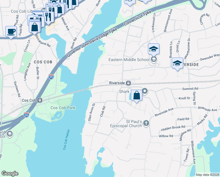 map of restaurants, bars, coffee shops, grocery stores, and more near 15 Miltiades Avenue in Greenwich
