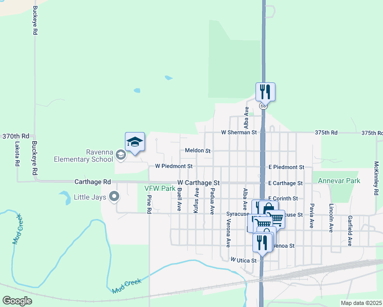 map of restaurants, bars, coffee shops, grocery stores, and more near 501-599 W Meldon St in Ravenna