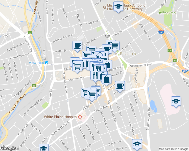 map of restaurants, bars, coffee shops, grocery stores, and more near in White Plains