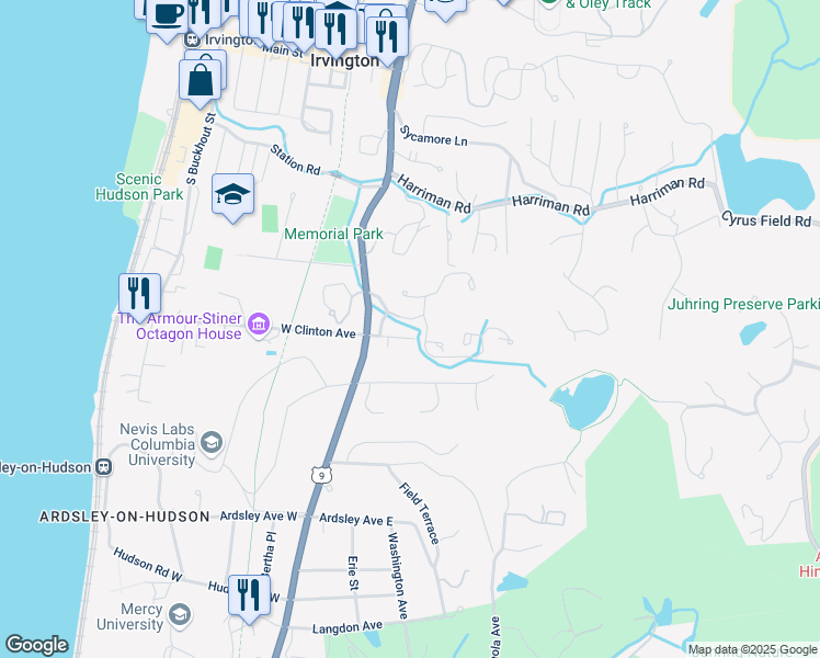 map of restaurants, bars, coffee shops, grocery stores, and more near 31 East Clinton Avenue in Irvington
