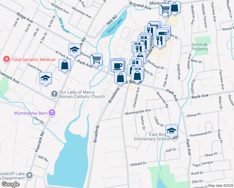 map of restaurants, bars, coffee shops, grocery stores, and more near 79 Broadway in Park Ridge