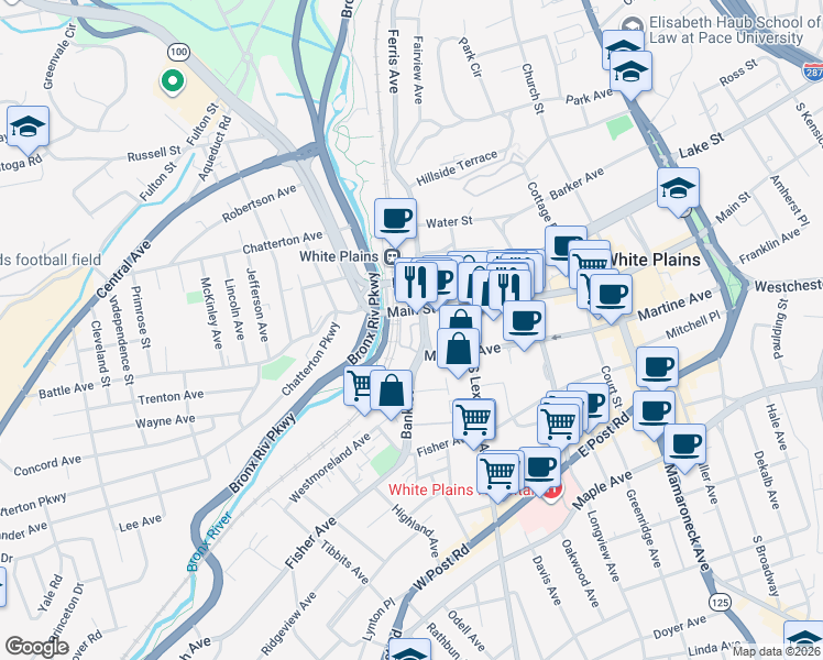 map of restaurants, bars, coffee shops, grocery stores, and more near 15 Bank Street in White Plains