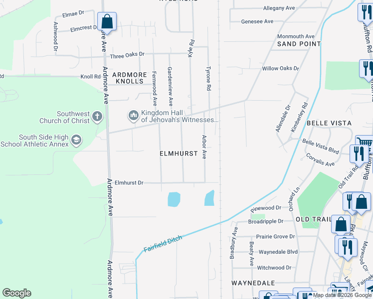 map of restaurants, bars, coffee shops, grocery stores, and more near 5729 Woodheath Avenue in Fort Wayne