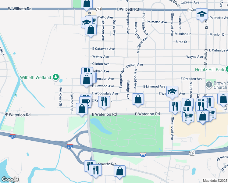map of restaurants, bars, coffee shops, grocery stores, and more near 99 East Woodsdale Avenue in Akron