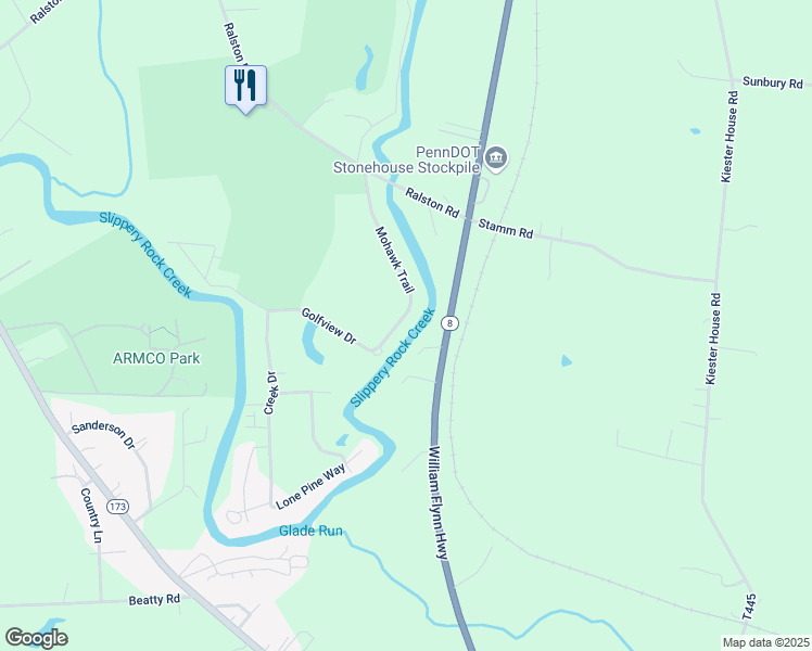 map of restaurants, bars, coffee shops, grocery stores, and more near 167 Mohawk Trail in Slippery Rock