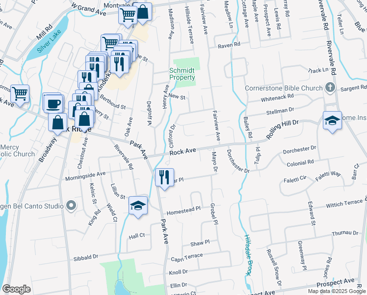 map of restaurants, bars, coffee shops, grocery stores, and more near 237 Rock Avenue in Park Ridge